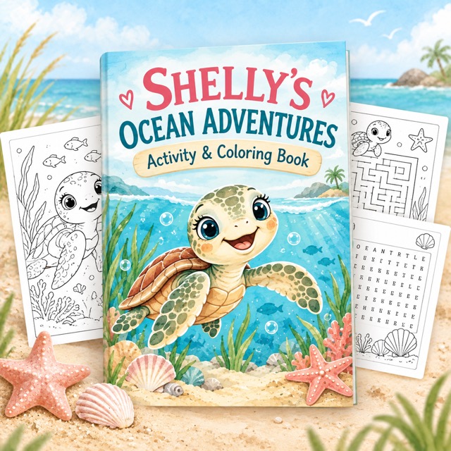 Shelly's Ocean Adventures Activity & Coloring Book, with coloring, maze, and word search pages fanned out beside it on the sand