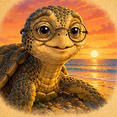 Grandma Cora, an older sea turtle wearing round glasses