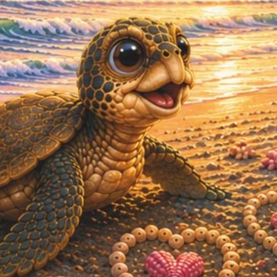 Shelly, a smiling baby sea turtle on the sand