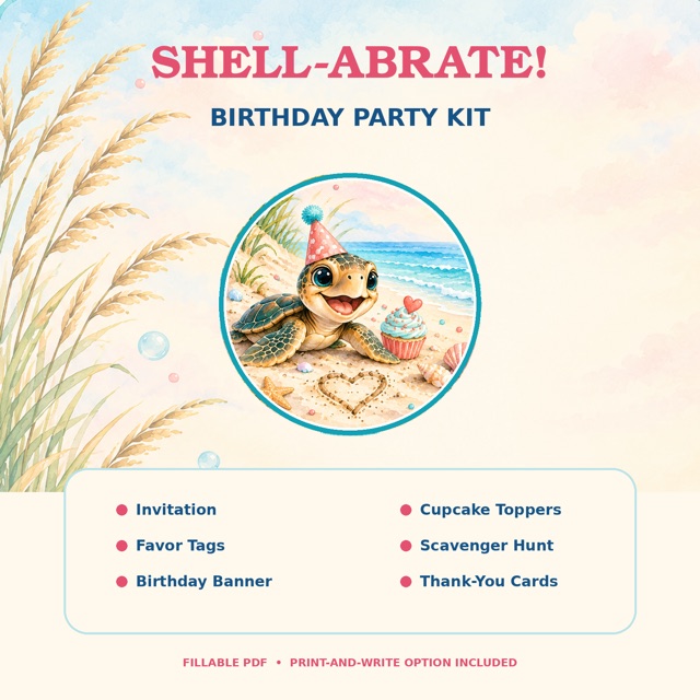 SHELL-ABRATE! birthday party kit cover: Shelly in a party hat beside a cupcake on the beach