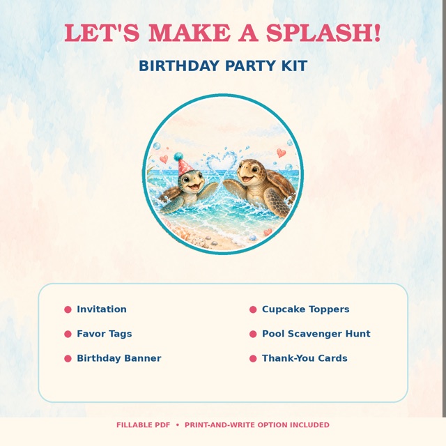 LET'S MAKE A SPLASH! birthday party kit cover: Shelly and Tucker at a pool party