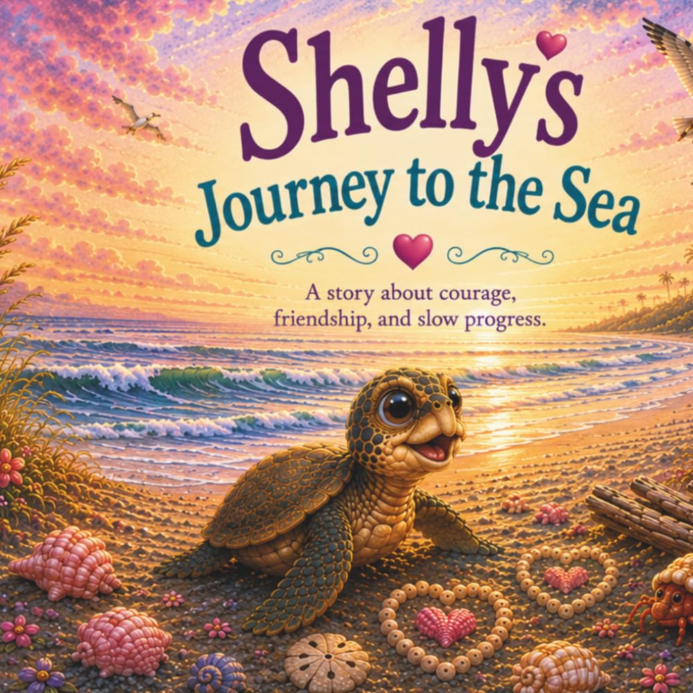 Book cover: a smiling baby sea turtle on a sunset beach with seashells arranged in heart shapes
