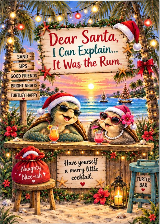 Dear Santa, I Can Explain... It Was the Rum printable card: two turtles in Santa hats and sunglasses with cocktails at a beach bar at sunset