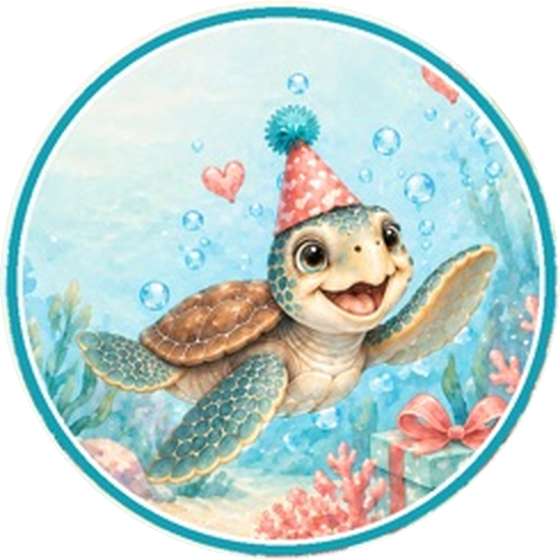 TURTLE-Y AWESOME! birthday party kit cover: Shelly underwater in coral and teal watercolor